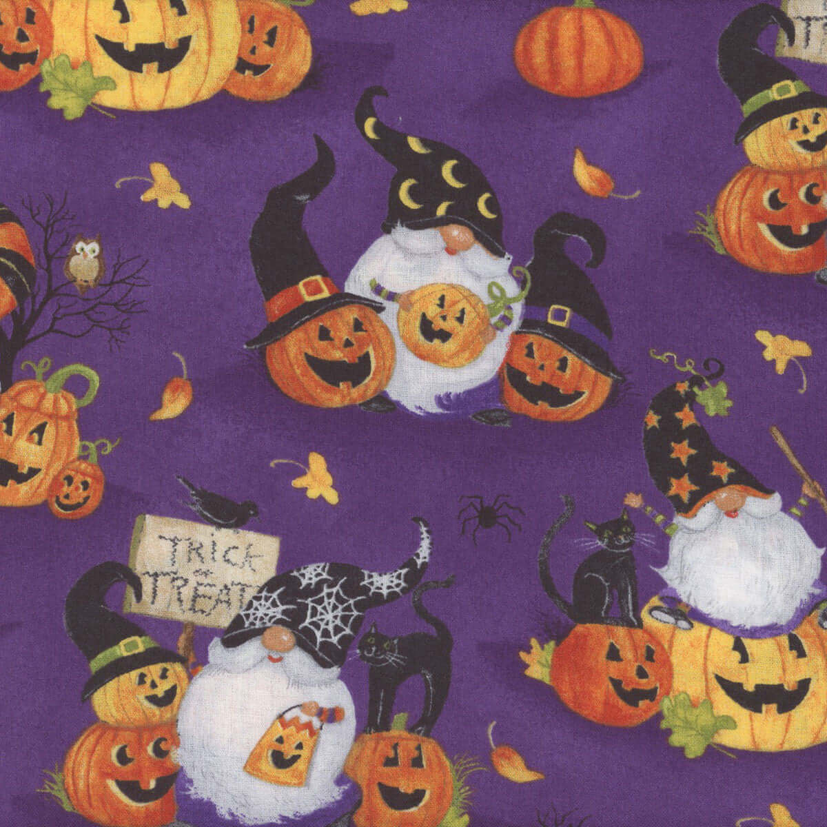 Halloween Scenic Gnomes Purple Cotton Fabric