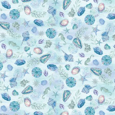 Light blue fabric featuring shells and seahorses, 100% cotton by Henry Glass, perfect for coastal-themed projects.