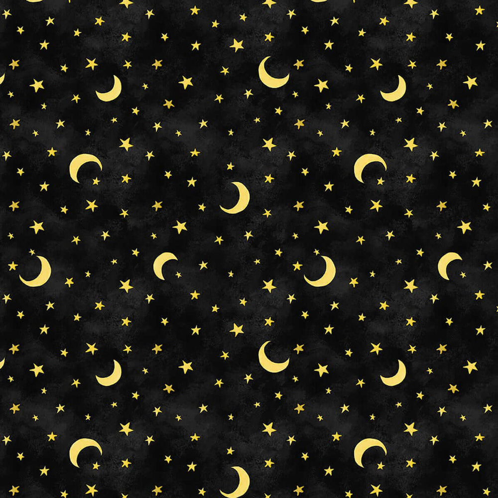 Spooky Moons and Stars Black Cotton Fabric