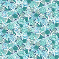 Packed Shells And Starfish - Blue Quilt Cotton
