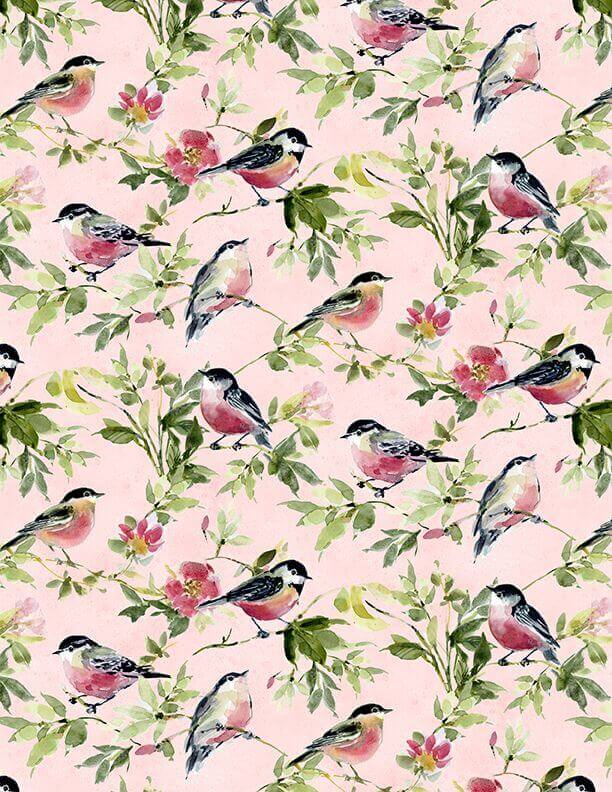 Among The Branches Birds All Over Pink Quilt Cotton
