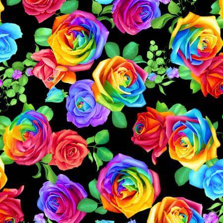 Black Large Rainbow Roses Digital Printed Quilt Cotton