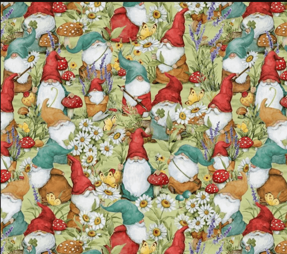 Packed Gnomes Allover Green fabric, Savor the Gnoment Quilt Cotton